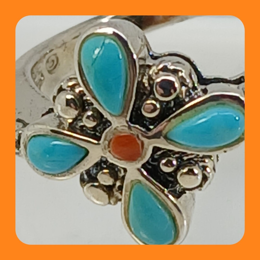 Vintage 90s BOMA Sterling Silver Turquoise Coral Flower Ring Size 6 Thailand NOS